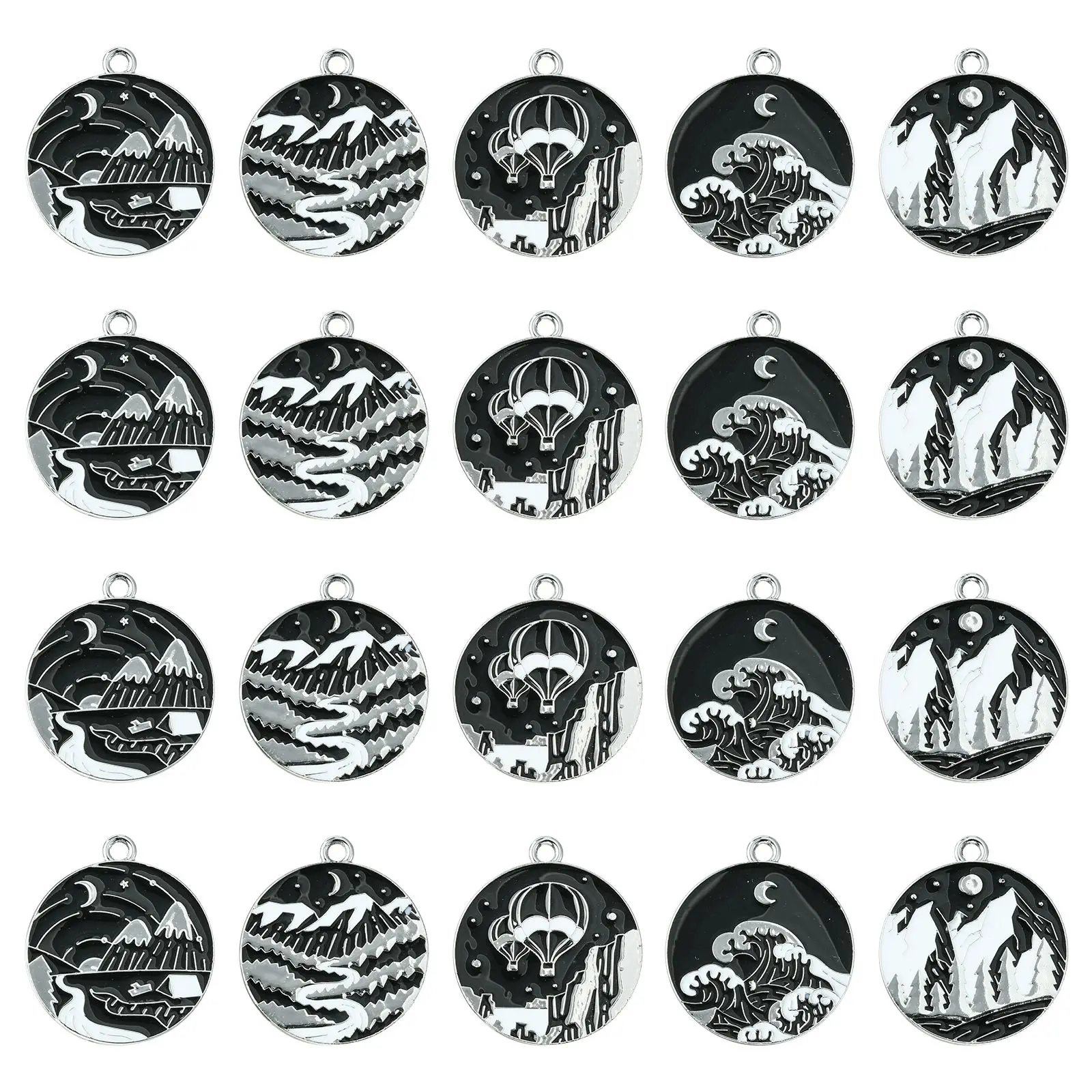 

20Pcs 5 Styles Mountain River Charms Enamel Flat Round Charms Black Enamel Charms for Jewelry Making Necklace DIY Craft