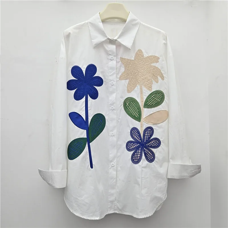 

SuperAen Retro Flower-embroidered Long-sleeved Shirt for Women Loose Casual Fashion Summer New Design Sweet Shirts