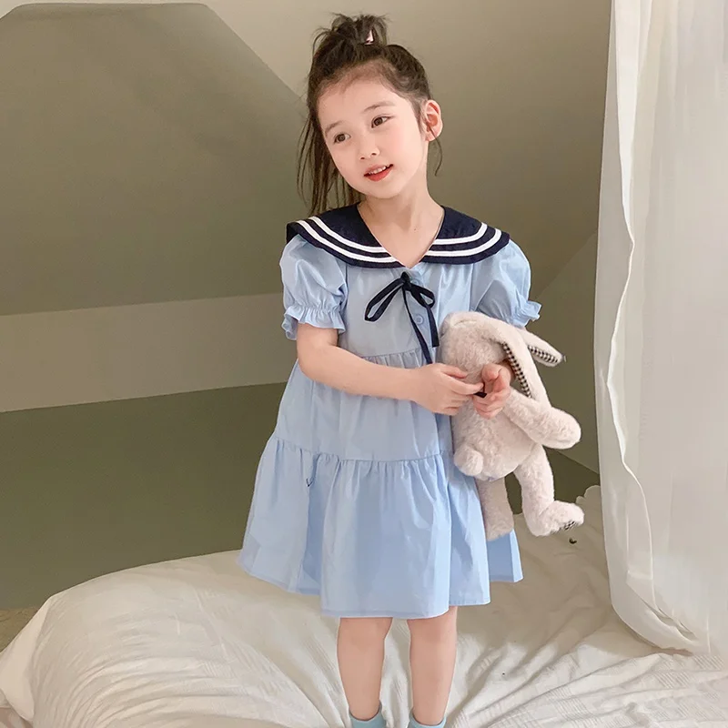 Summer Blue Dress Navy Collar Puffed Sleeve Short Sleeve Preppy Dress Frill Splicing Design Girls Sweet Princess Party Dress