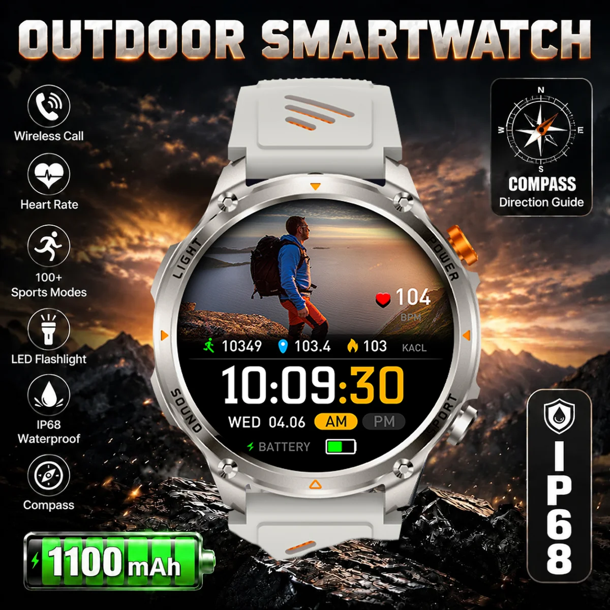 New Outdoor Smart Watch Men Sports Watches Compass 1100MaH Battery Flashlight IP68 Waterproof Military Women Smartwatch For Men