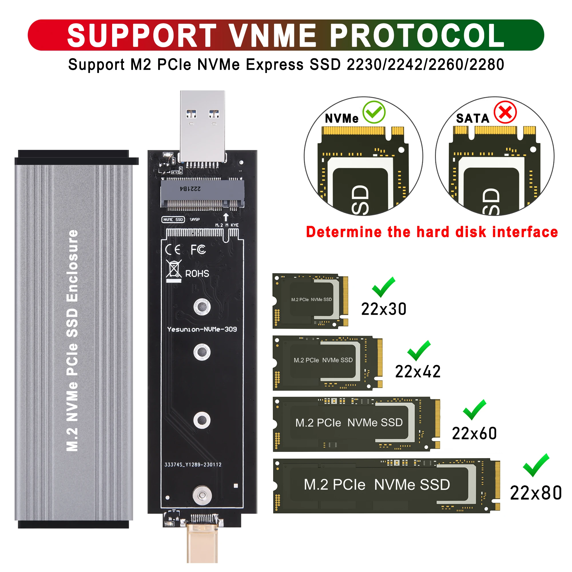 Gabinete externo de alumínio para M2 SSD, M.2 para USB 3.1 Gen 2, 10Gbps, USBC USBA para NVMe PCIe, 2230, 2242, 2280