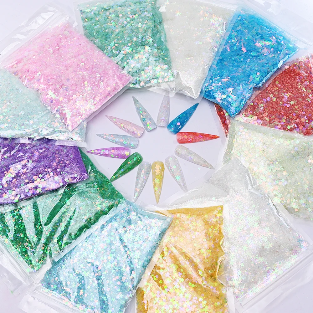 50G Glitter Kleurrijk Nagel Pailletten Splinter Reflecterende Effect Vlokken Bruiloft Nagel Charme 3d Vlinder Pentagram Diy Nagel Decoratie