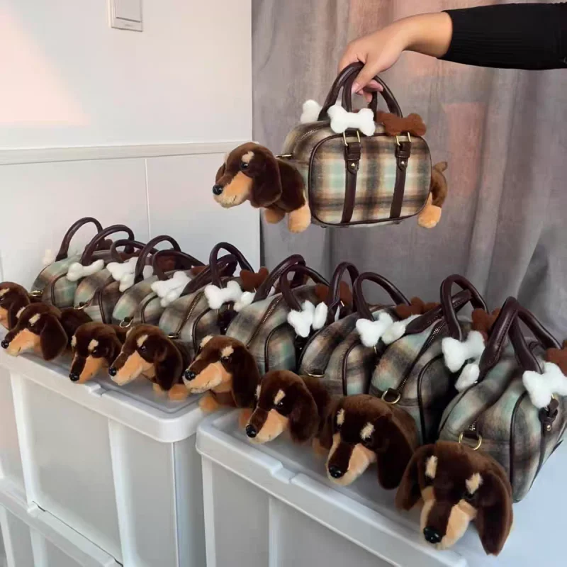 Hand-made Custom Toy Dog Boston Bag Winter Mixed Color Faux Woolen Fabric Plaid Handbag Girls Novel Playful Pillow Crossbody Bag