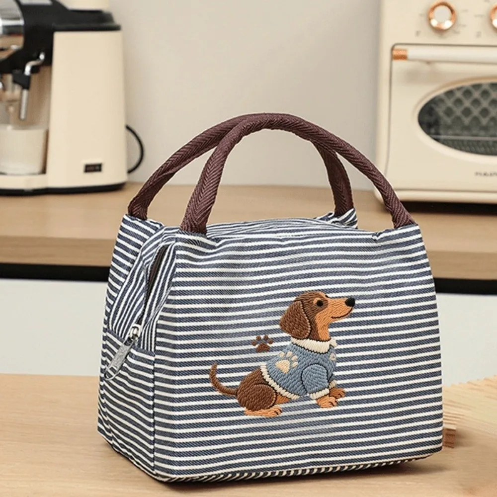 Exquisite Puppy Embroidery Thermal Lunch Bag Insulated Striped Tote Bag Handheld Portable Food Container Bag Travel