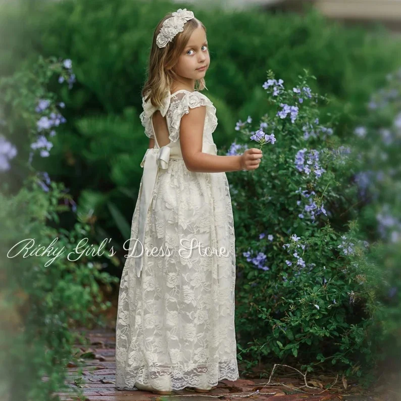 Ivory Lace Appliques Customized Flower Girl Dress For Wedding Birthday Formal Party Floor Length  First Communion Gowns
