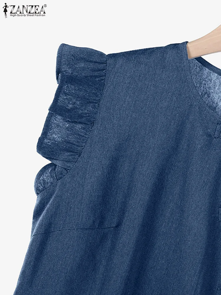 Vestido de verano a la moda sin mangas, vestido veraniego azul vaquero 2025 ZANZEA, Vestidos informales lisos para fiesta y trabajo hasta la rodilla, bata con botones