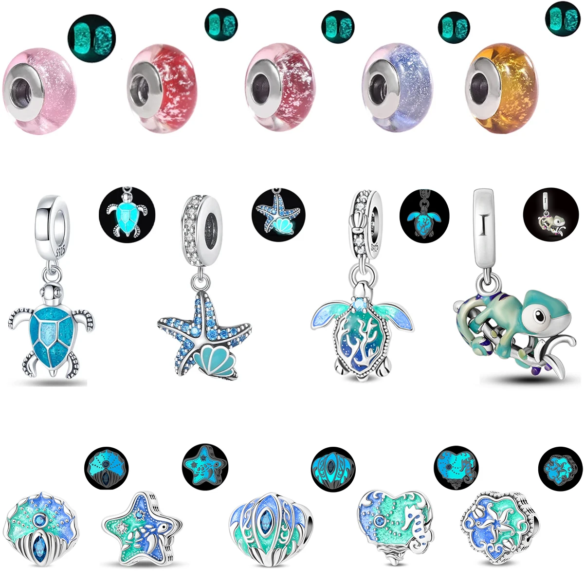 925 Sterling Silver Glow-in-the-dark Firefly Butterfly Rose Charms Beads Pendants Fit Original Bracelets DIY Jewelry Gift Making