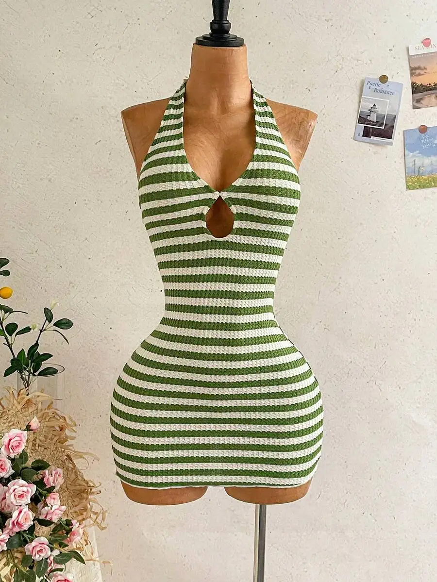 

Green And White Striped Halter Mini Dress With Cutout For Beach Vacation Spring Summer
