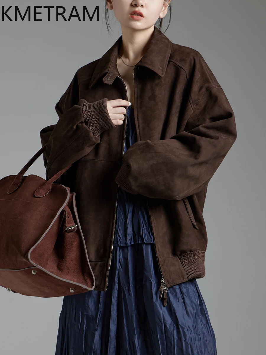 KMETRAM 100% 천연 양가죽 진짜 가죽 재킷 올드 머니 스타일 2025 겨울 중간 길이 여성 의류