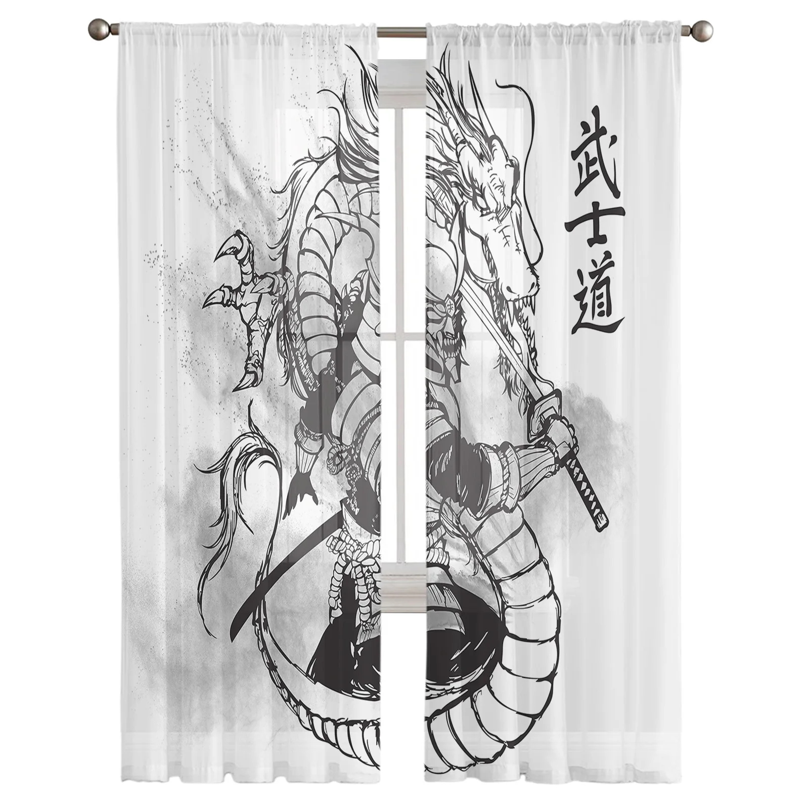 Japanese Samurai Dragon Window Curtains Bedroom Modern Drape Sheer Tulle Valances Living Room Kitchen Voile Curtain