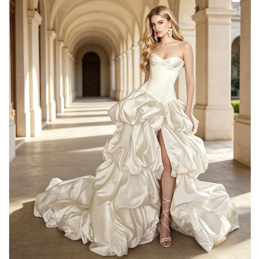 Customized Two Pieces Bustier Corset Wedding Gown Glossy Satin Puffy Ruffle High Slit Long Train Modern Bridal Robe De Mariée