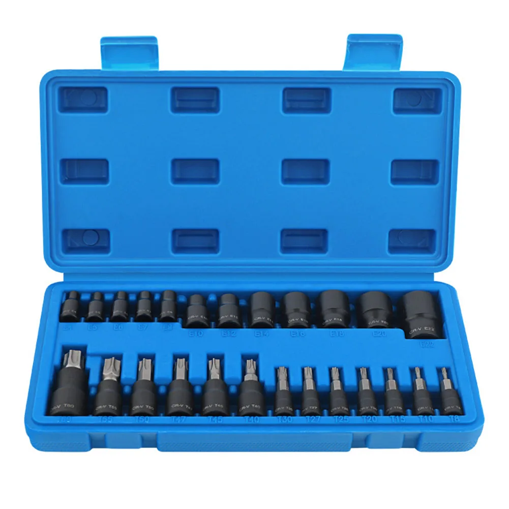 25Pcs Torx Bit And Socket Set 13 Star Bits T8-T60 & 12 E-Torx Sockets E4-E22 Professional Auto & Motorcycle Mechanic Set