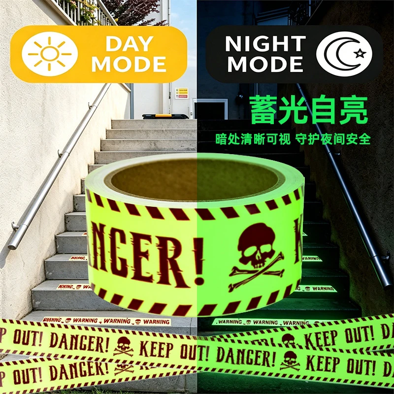 Halloween-waarschuwingstape, gloeiend/geel in het donker, 3m, niet-klevend, voor binnen- en buitenvergaderingen, tuin, Halloween-decoratie