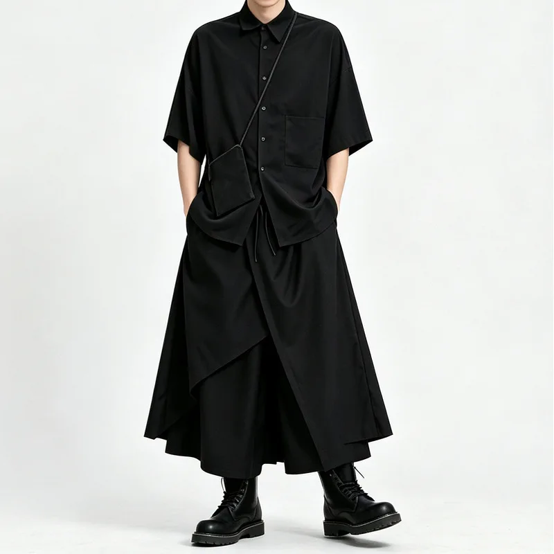 Men'S Casual Pants, Dark And Asymmetrical Design, Loose-Fitting, High-Waisted, Wide-Leg, And With A Flowing Drape, Cropped To An