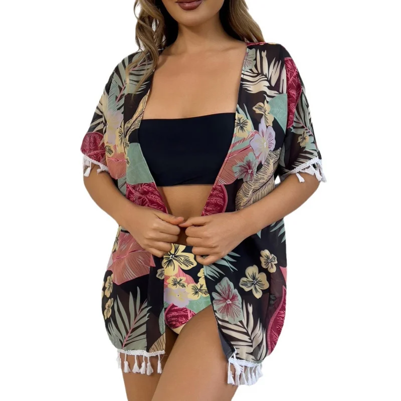 Traje de baño de moda para mujer con pareo de borlas de gasa, bikini de dos piezas sin tirantes, conjunto de tres piezas para vacaciones en la playa