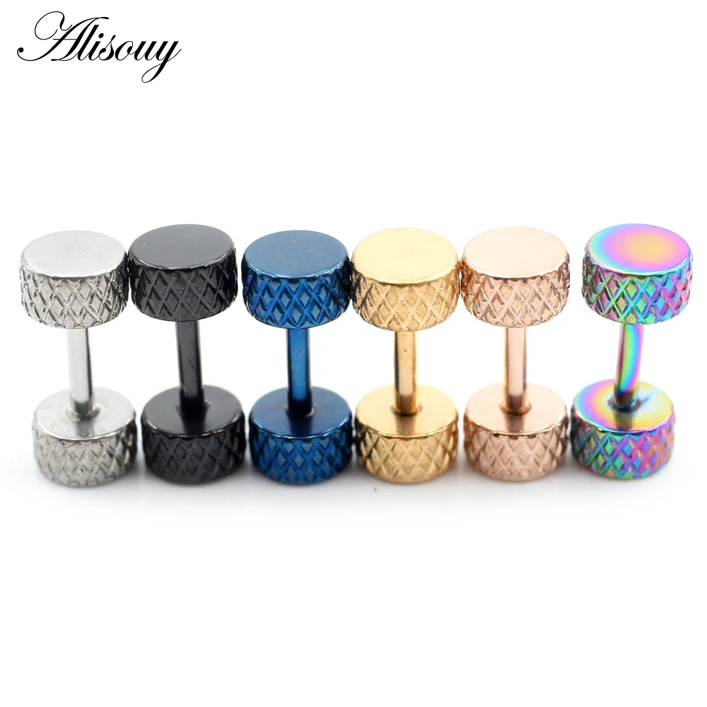 2Pieces Trendy Stainless Steel Machine Carving Cylinder Barbell Dumbbell Ear Stud Earrings Tragus Helix Piercing Jewelry