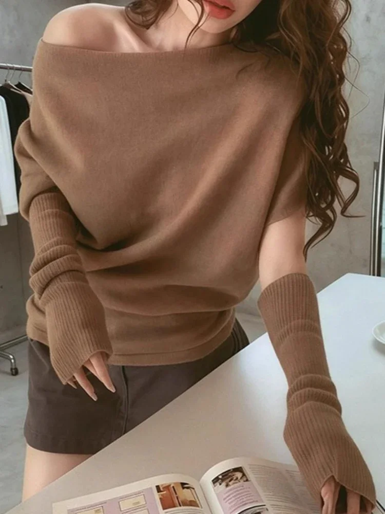 Y2k Aesthetic Slash Neck Grunge Pullover Autumn Harajuku Solid Color Knitted Sweaters Streetwear Vintage Women Loose Jumpers