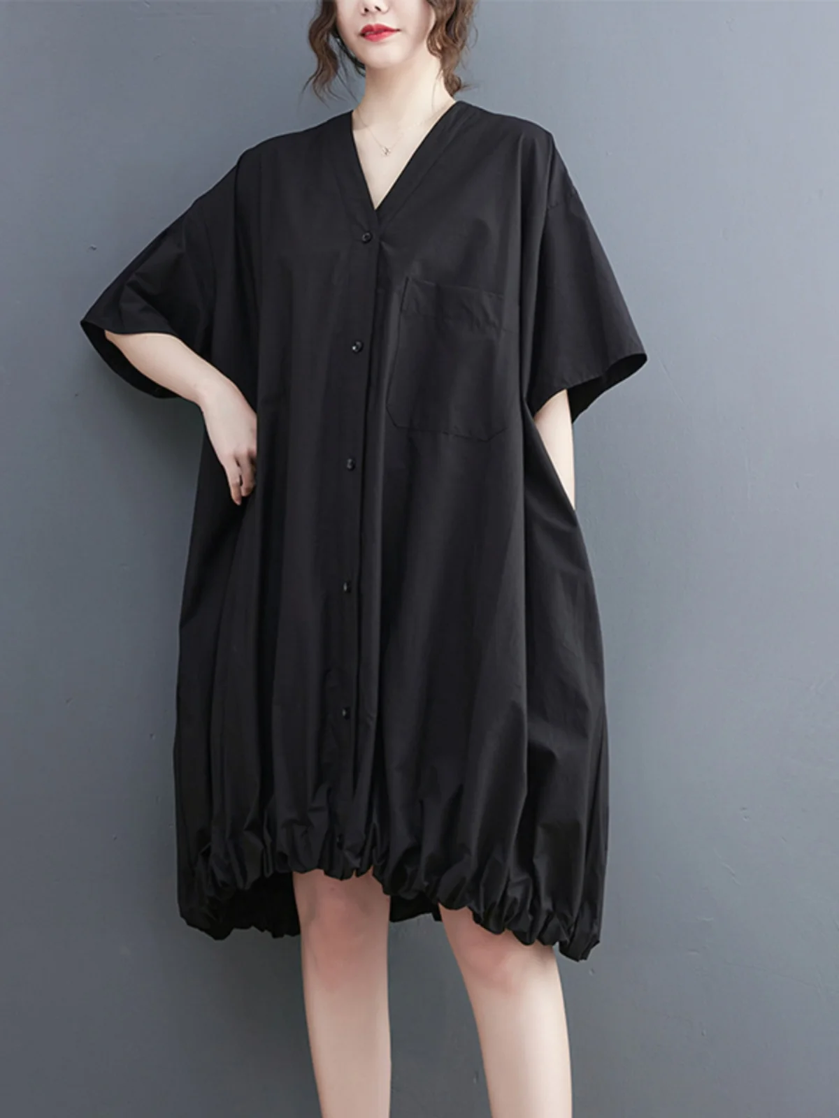 صيف جديد فضفاض V-ne irt Dr تصميم فني غير رسمي Faion Dr الكورية Sle مادة القطن ميدي تنورة زر واحد #1