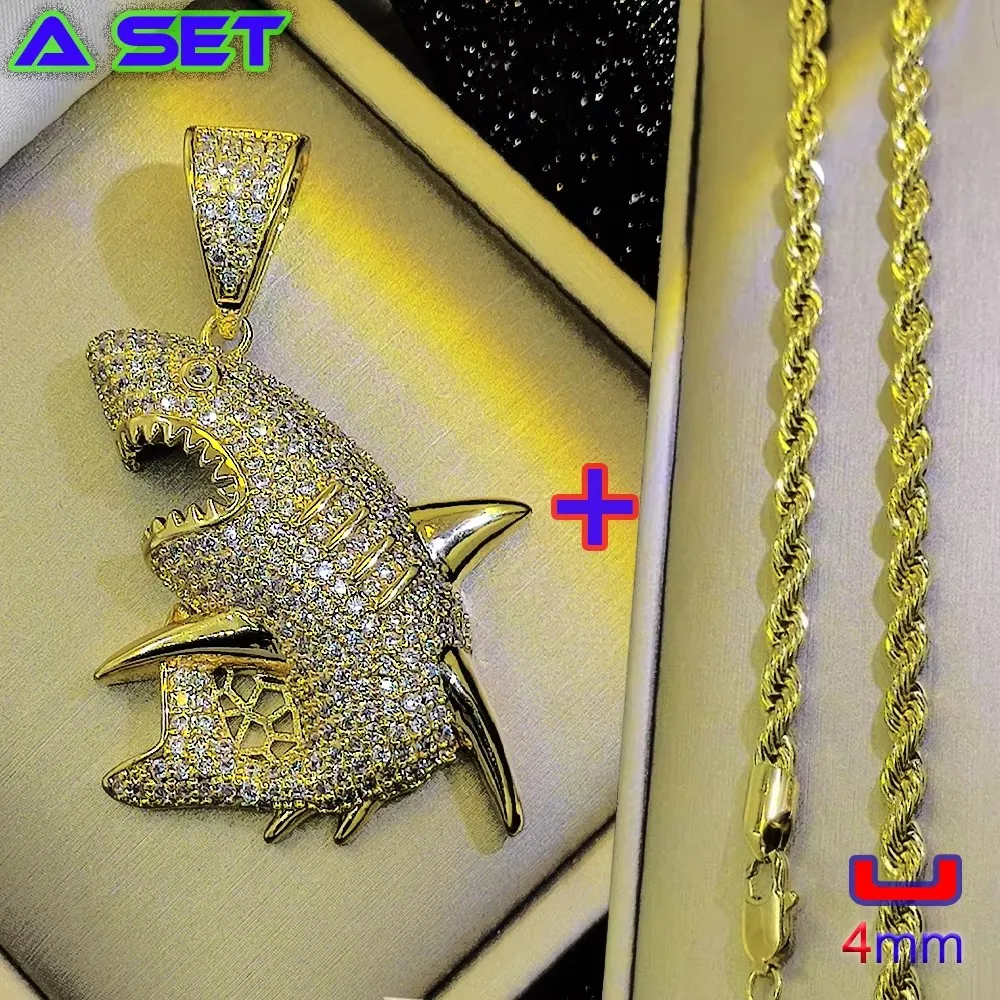 Newly customized fashionable gold necklace with diamond Ocean Overlord shark pendant, plated with 18K gold, hip-hop trend