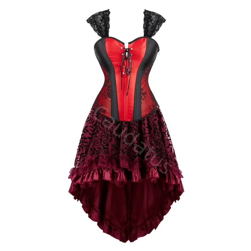 Corset Dress Straps for Women Tutu Skrits Set With Lace Costume Party Sexy Burlesque Basques Outfit Plus Size Gothic Black Red