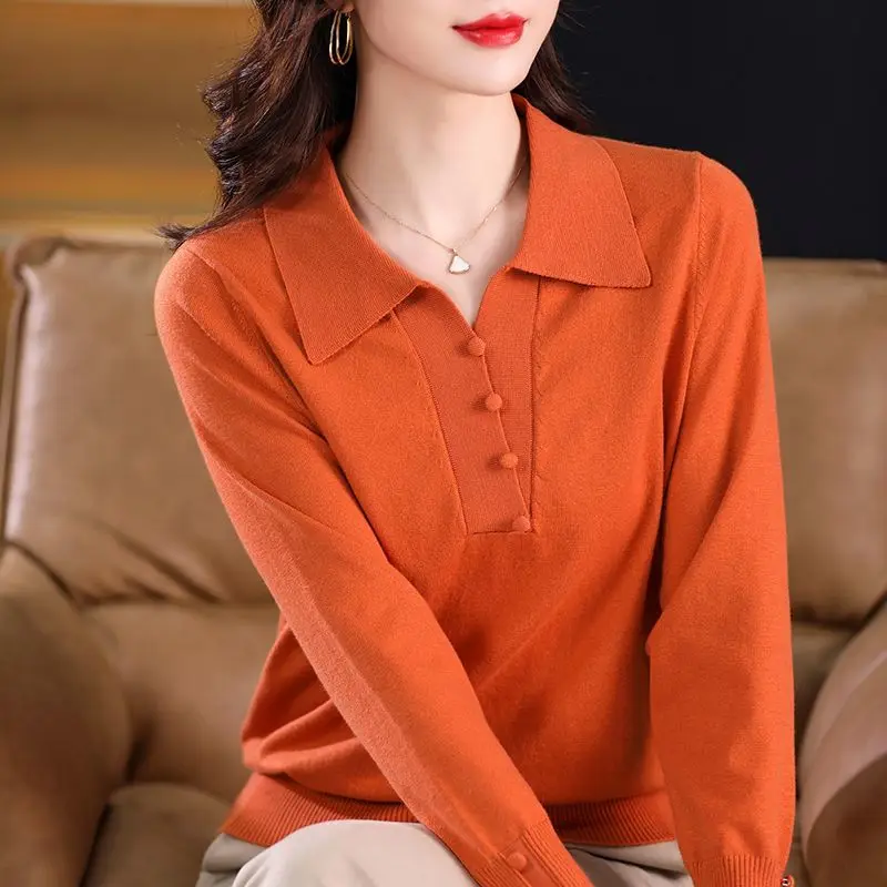 

Korean Simple Commuter OL Style Sweater Women Solid Polo Neck Button Long Sleeve Autumn New Fashion Casual Overlay Slim Knit Top