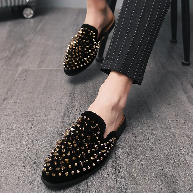 Coiffeur dress mules shoes man loafers Golden rivets dressing outdoor home slippers for man luxury designer shoes mules homme
