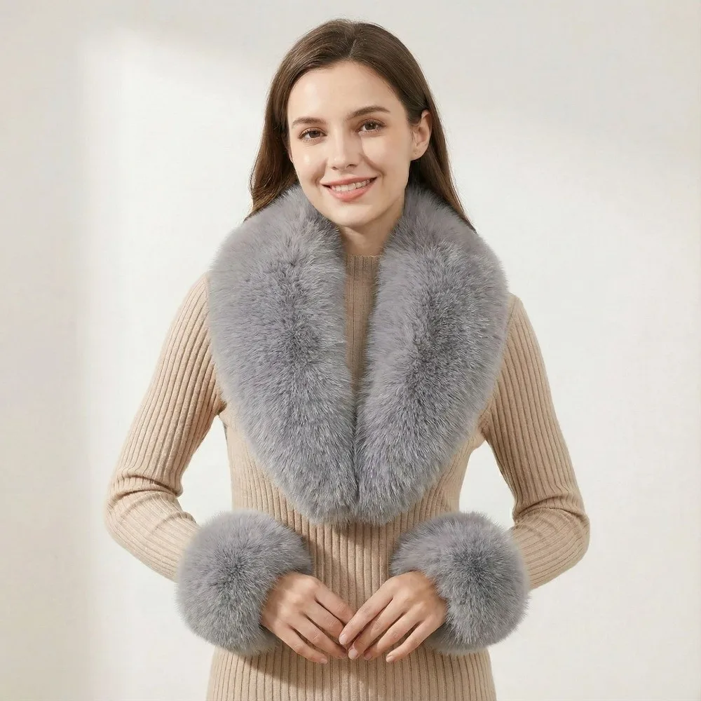Fashionable Warm Texture Faux Fur Scarf Shawl Detachable Lightweight Collar Cuffs Set Comfortable Fluffy Neck Warmer Women