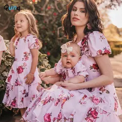 Qunq Spring Summer New Parent-child Outfit O-Neck Short Sleeve Large Wavy Casual princess Dress Mother Daughter Matching Clothes