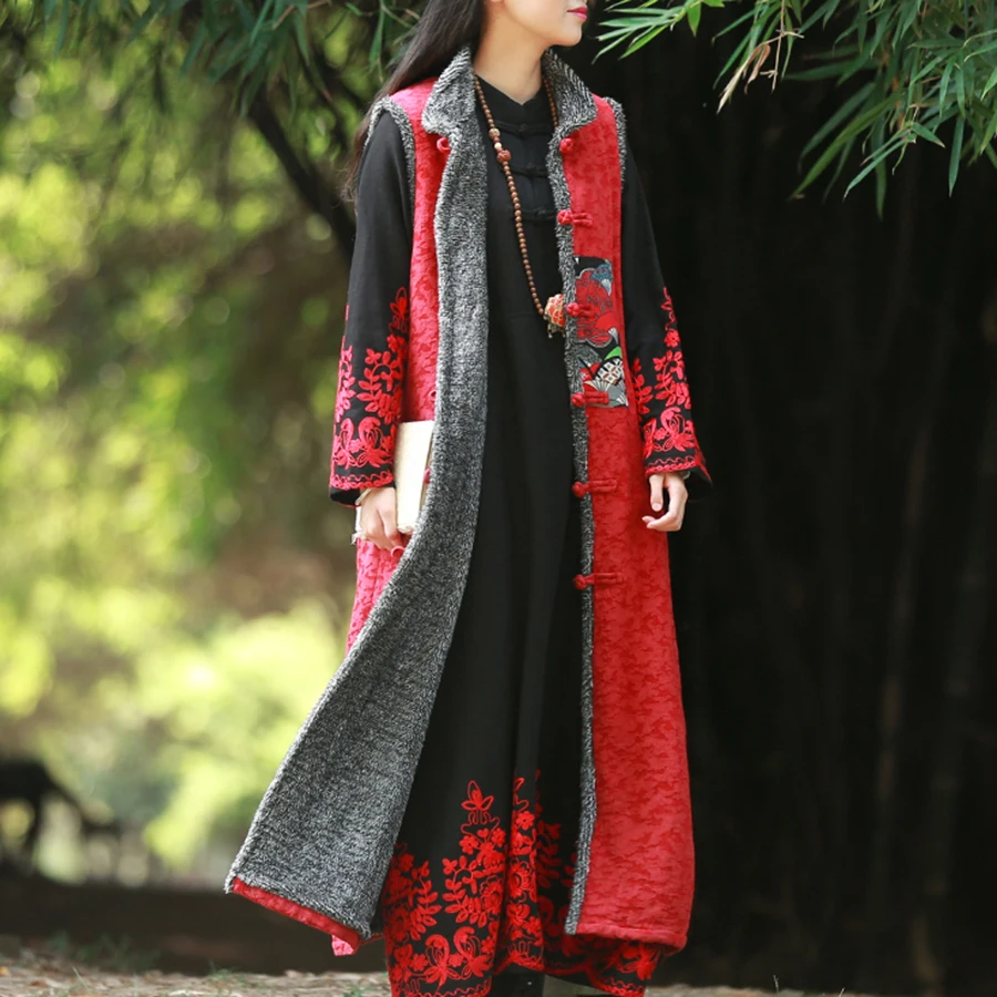 LZJN-Sleeveless Fleece Waistcoat, Long Waistcoat, Retro Ethnic Style, Patchwork, Warm Cardigan, Red Vest, New Chinese Style,