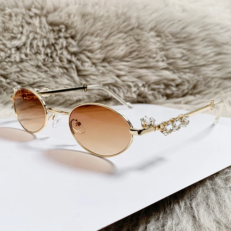 Hiking Fashion Small Oval Anti Light Glasses Trendy Brand Designer UV400 Shine Crystal Sun Shades Glasses Decoration Shades
