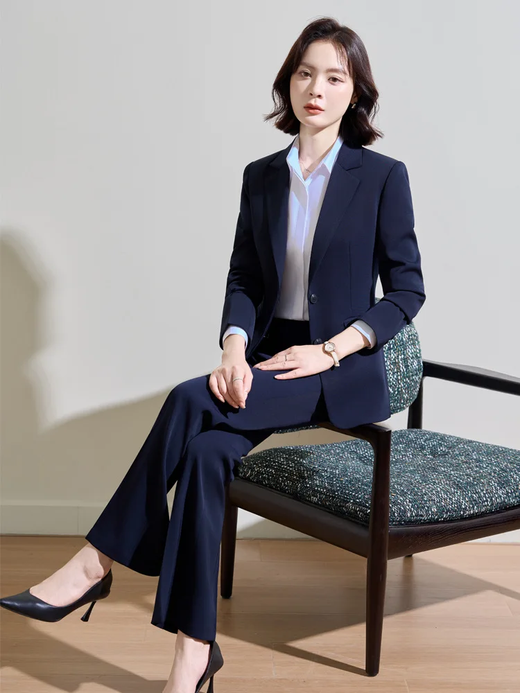 Navy blue professional suit for women, spring and autumn interview formal wear, elegant and suitable for commuting, one-button s