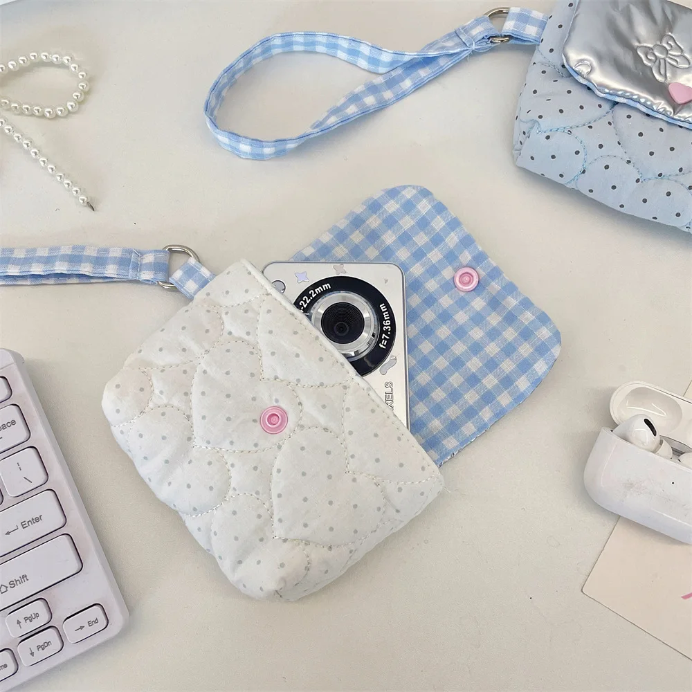 Kawaii Polka Dot Quilted Coin Purse Cute Heart Bow Mini Pouch Wristlet Bag Earphone Lipstick Cosmetic Storage Wallet for Girls