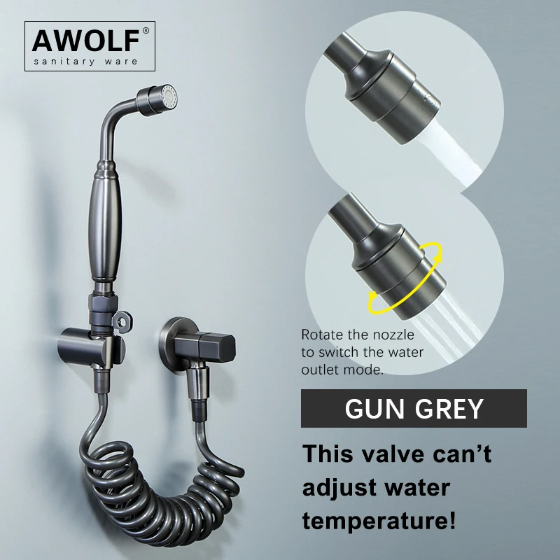 Awolf Gun Grey Toilet Bidet Sprayer Fitting Two Functions Hygienic Shower Head Solid Brass Bathroom Anal Cleaning Shower AP2338