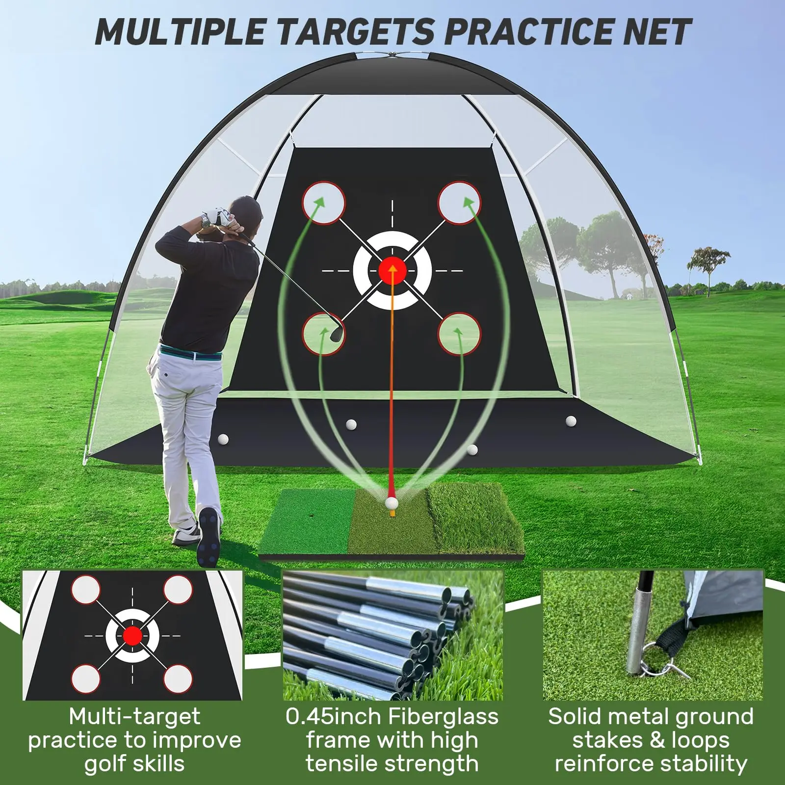 PGM Golf Net, 10x7FT with Golf Practice Mat, Hitting Aid Nets for Backyard Driving Chipping Training Swing for Outdoor or Indoor