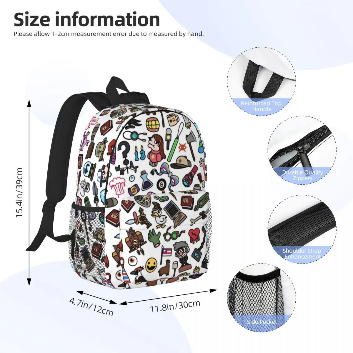 Gravity Falls 15-Inch Waterproof Backpack - Lightweight Travel Bag with Multiple Pockets for Organization