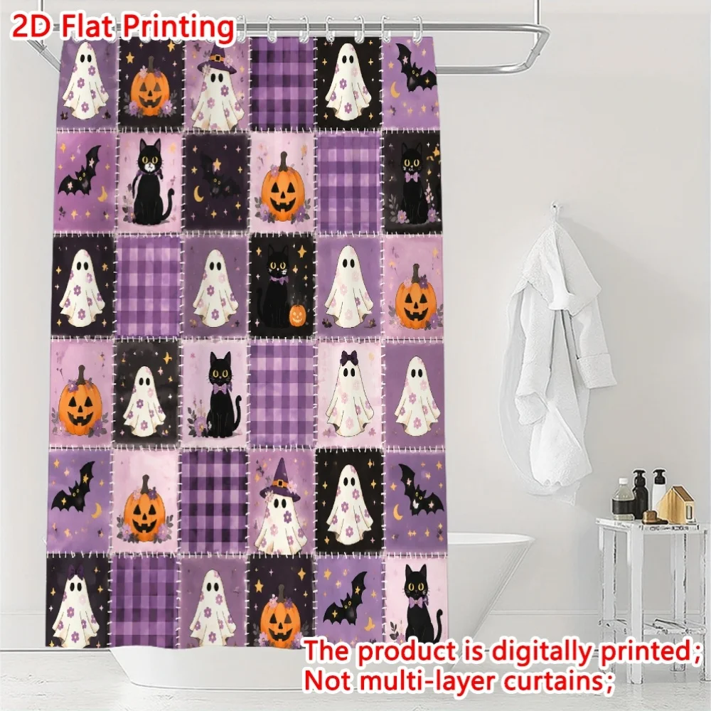 2D Flat, 2D Flat, 2D Flat Printing 1pc Halloween Purple Patchwork Ghost Cat Pattern Shower Curtain - All-Season Use, Multiple Si
