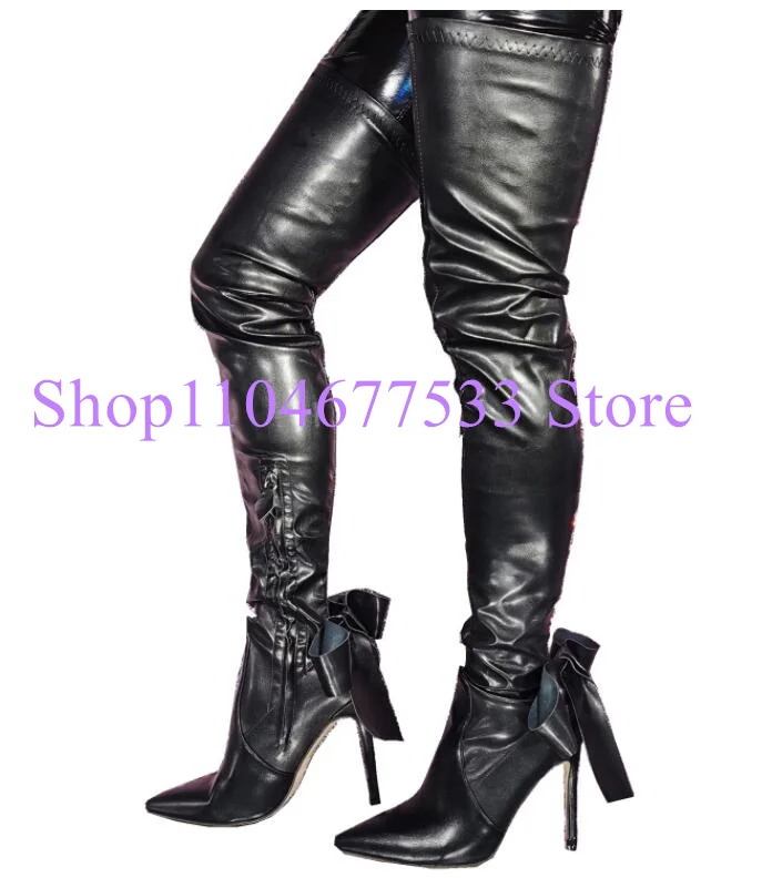 

Черные кожаные женские высокие сапоги с декором в виде бабочки, модные сапоги выше колена с острым носком на тонком каблуке, женские сапоги до бедра