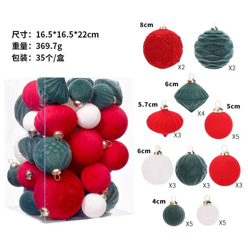 35pcs Special-shaped Christmas Ball Ornaments Flocking Red Green Christmas Tree Party Decoration New Christmas Spheres Pendant