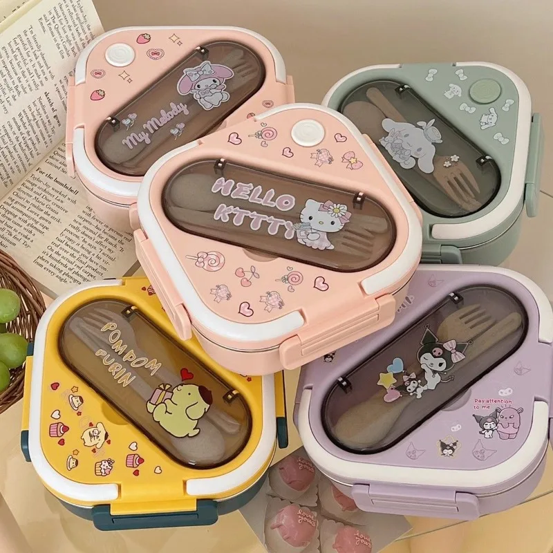 

New Sanrio Kuromi Melody Pudding Dog Kitty Plastic Compartment Lunch Box Microwave Japanese Cutlery Insulated Lunch Box Quick