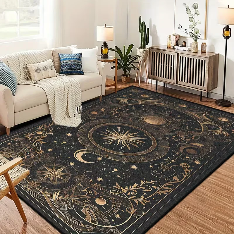 Celestial Astrology Area Rug Black and Gold Sun Moon Star Constellation Print Carpet Non-Slip Indoor Floor Mat for Living Room