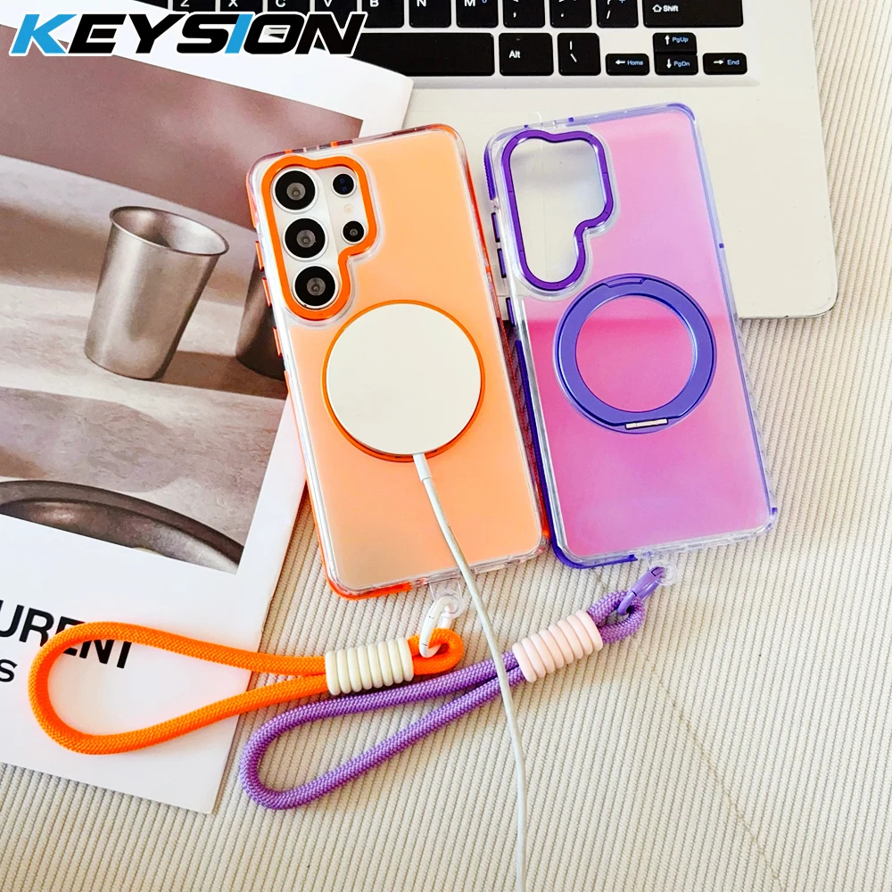 

KEYSION Laser Gradient Magnetic Lanyard Phone Case for Samsung Galaxy S23 S24 S25 S26 Ultra 5G S24+ FE 360°Ring Shockproof Cover