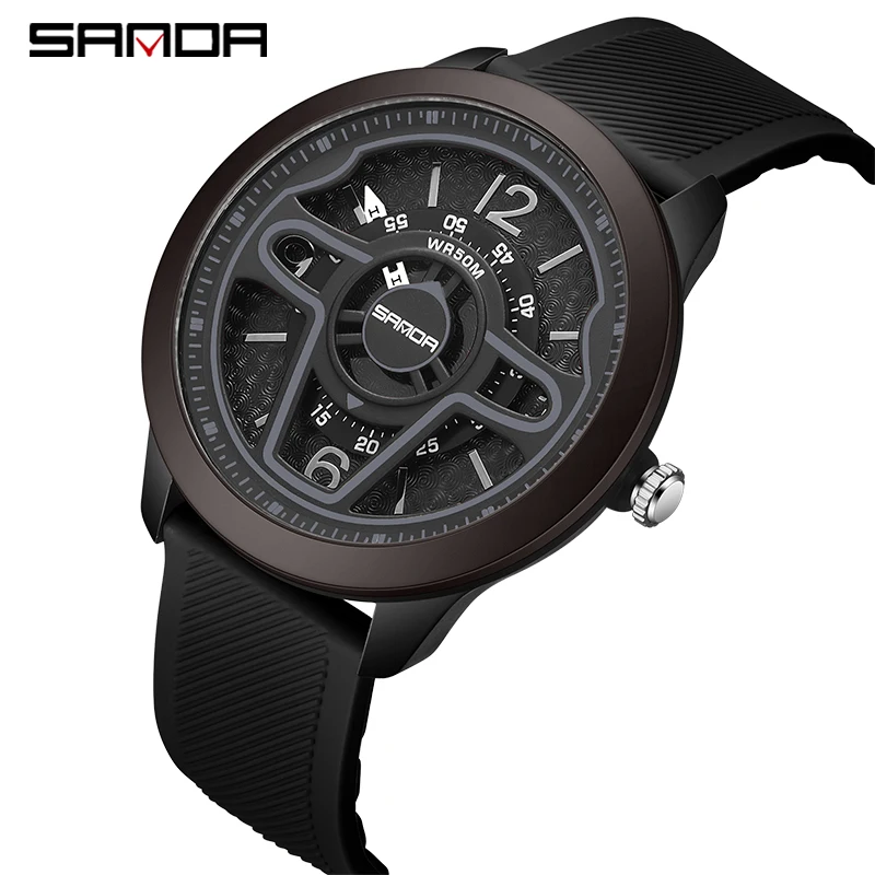 SANDA 9023 Casual Personality Classic Precision Men's Quartz Watches Racing Silicone Fashion Sports 3D Car Steering Wristwatches