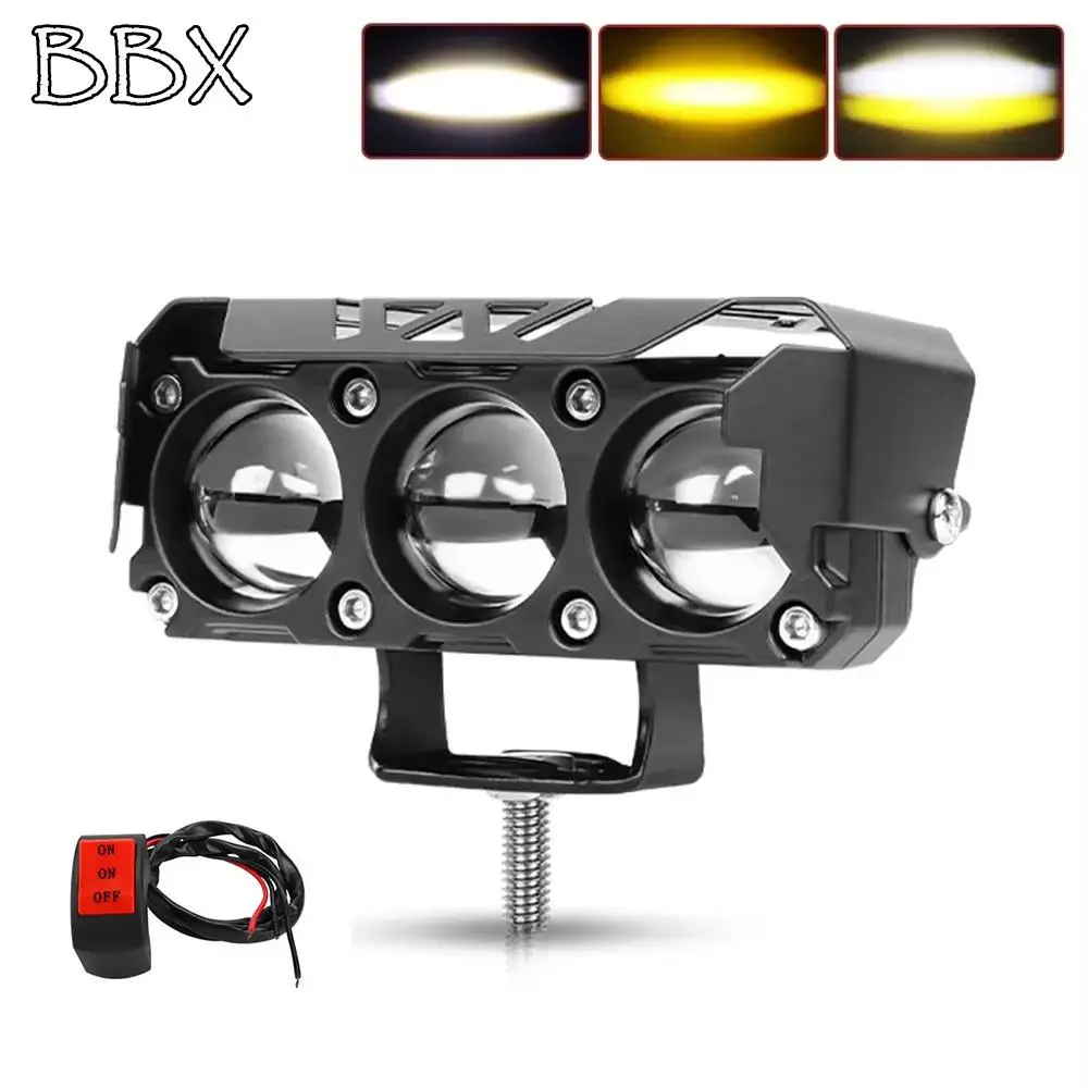 

Work Lamps Waterproof Motorcycle LED Spotlights Dual Color Lights Shock-proof Three-eye Lens Hi/Low Beam Fisheye Lights Car
