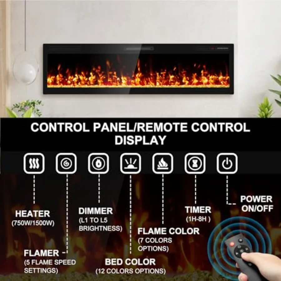 68 Camino elettrico ultra sottile montato a parete e indipendente con controllo touch screen con effetto fiamma a LED e funzionamento remoto