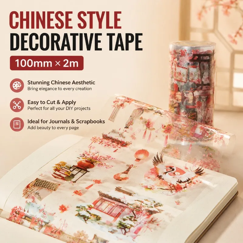 

100mm * 2m Chinese Style Decorative Tape, Creative Aesthetic Tape for DIY Diary Scrapbook Journal Supplies