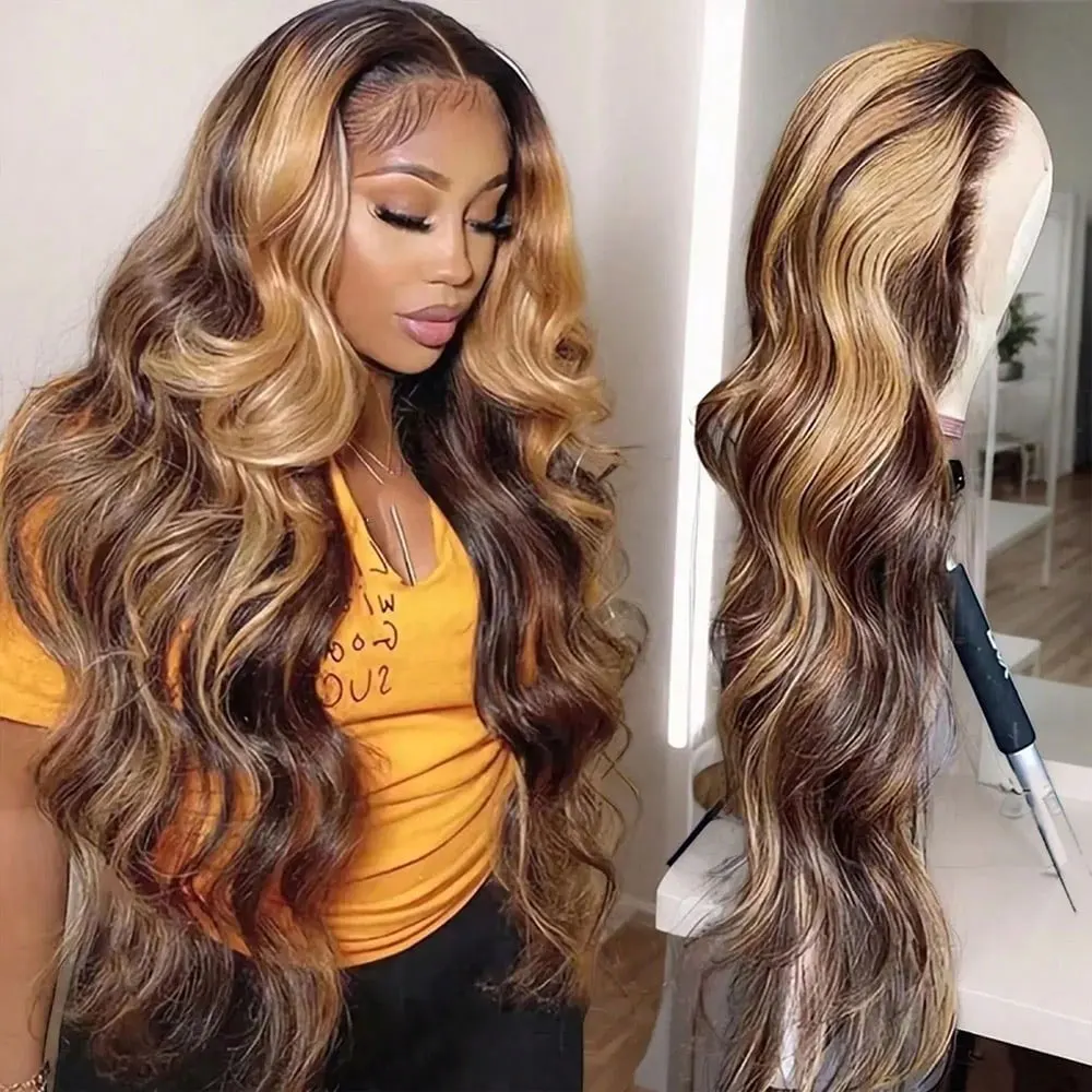 34 Polegada p4/27 destaque peruca onda do corpo perucas de cabelo humano 13x4 hd peruca frontal do laço mel loira molhada e ondulada perucas dianteiras do laço