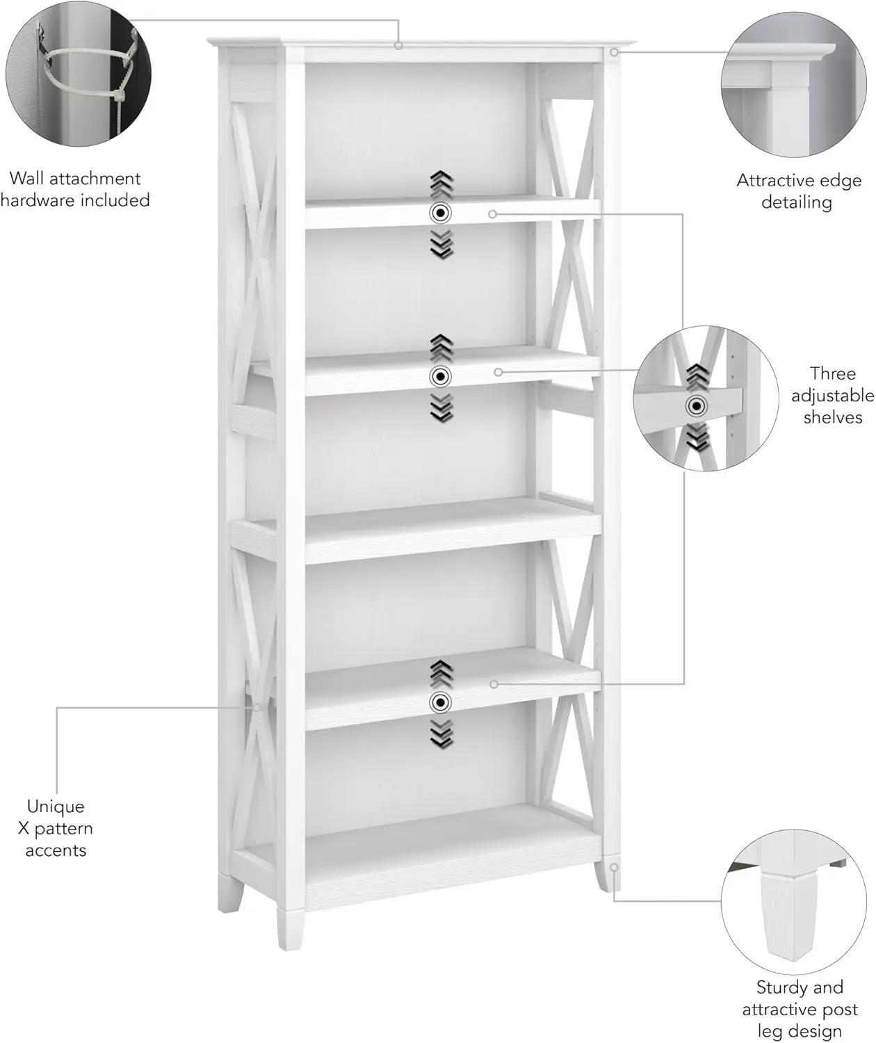 West Tall Estante para Estante, Bush Móveis Key, Pure White Oak, 5 Shelf