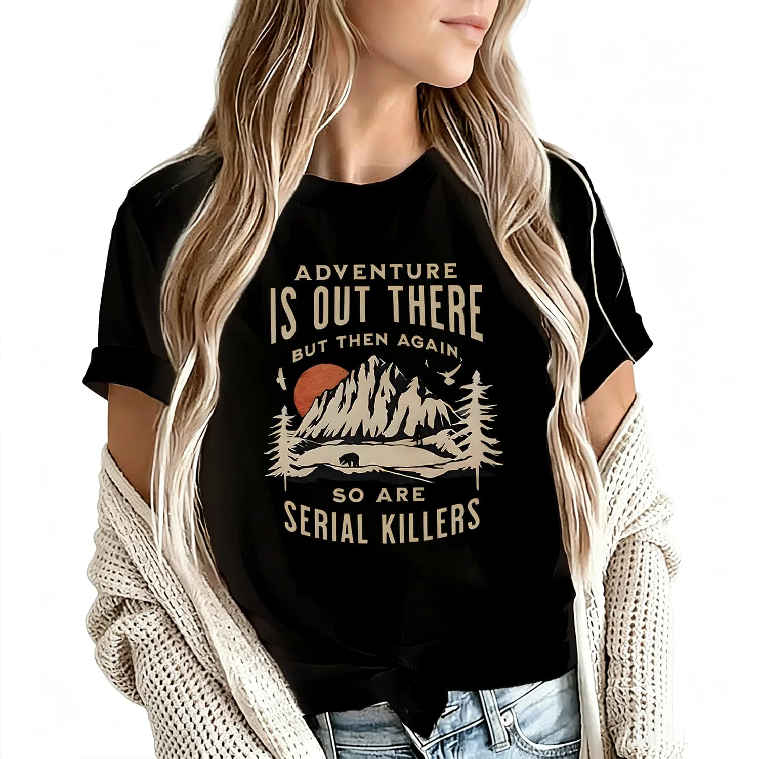 Camping Adventure Is Right There Women's T-Shirt 100% Cotton Funny Graphic Short Sleeve Tee Novelty Shirt Casual Crew Neck Top S-5Xl