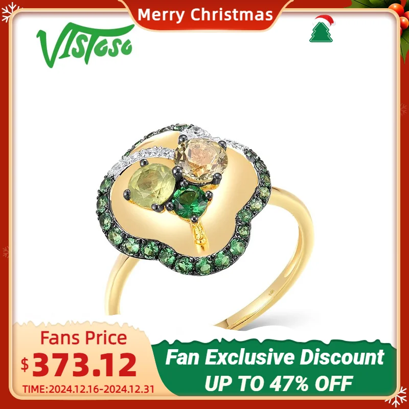 VISTOSO Pure 14K 585 Yellow Gold Ring For Women Sparkling Diamond Colorful Cluster Green Flower Party Gift Elegant Fine Jewelry