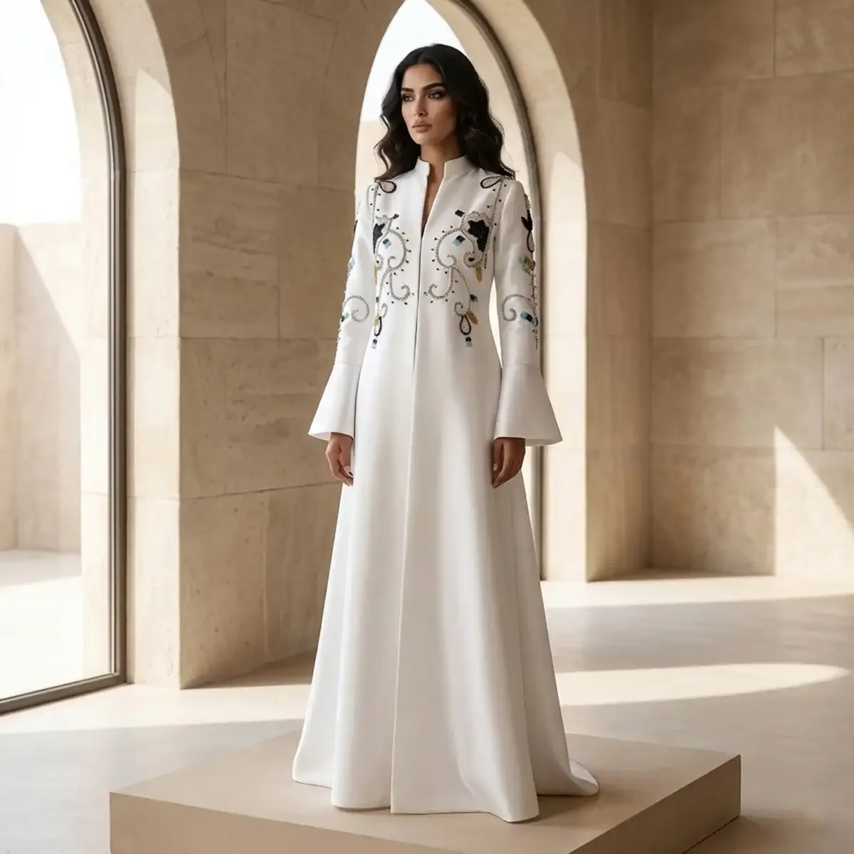 

Customized Elegant Long Beads Prom Dresses For Women V-Neck Floor-Length A-Line Special Events Wedding Gala Evening Party Dress